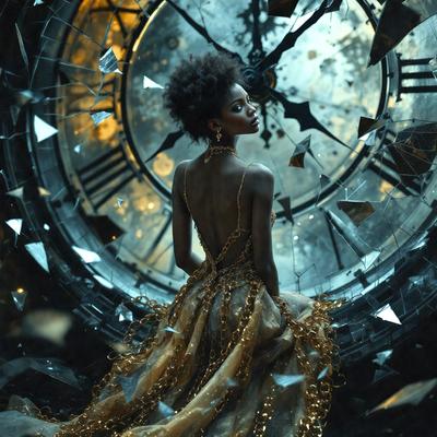 The primary subject of the image is a woman wearing a gold dress, standing in front of a large clock. The setting appears to be a dark room with a clock on the wall. The visual style of the image is a combination of digital art and illustration, creating a surreal and artistic atmosphere. The colors in the image are predominantly dark, with the gold dress and the clock being the main focal points. The overall mood of the image is mysterious and intriguing.